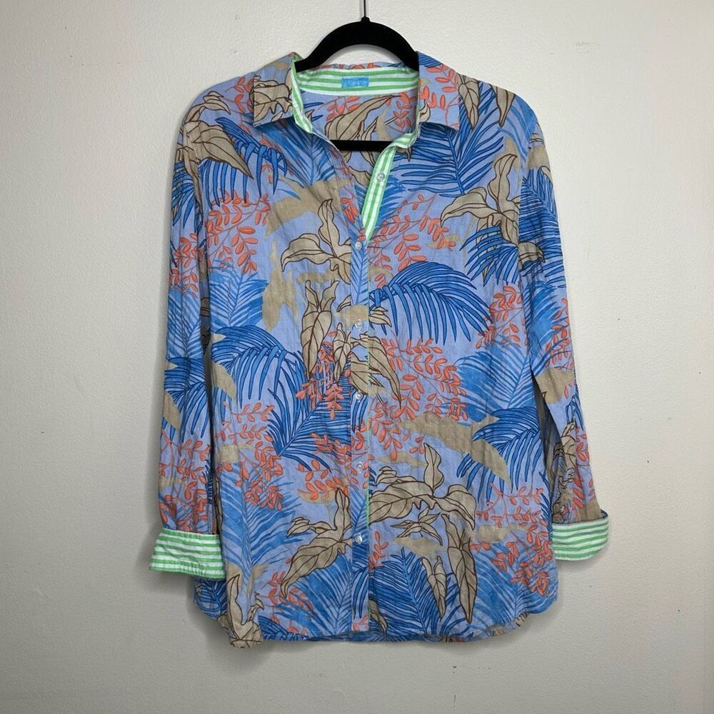 J McLaughlin Lois‎ Shirt Blue Tropical Button Up fits sz Large - Picture 6 of 7